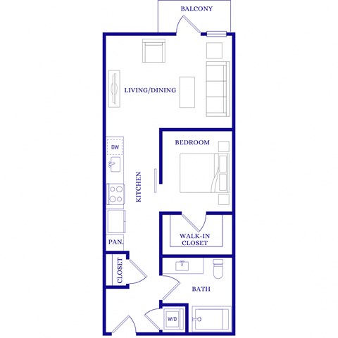 Floor plan for 1 bed, 1 bath, 611 sqft